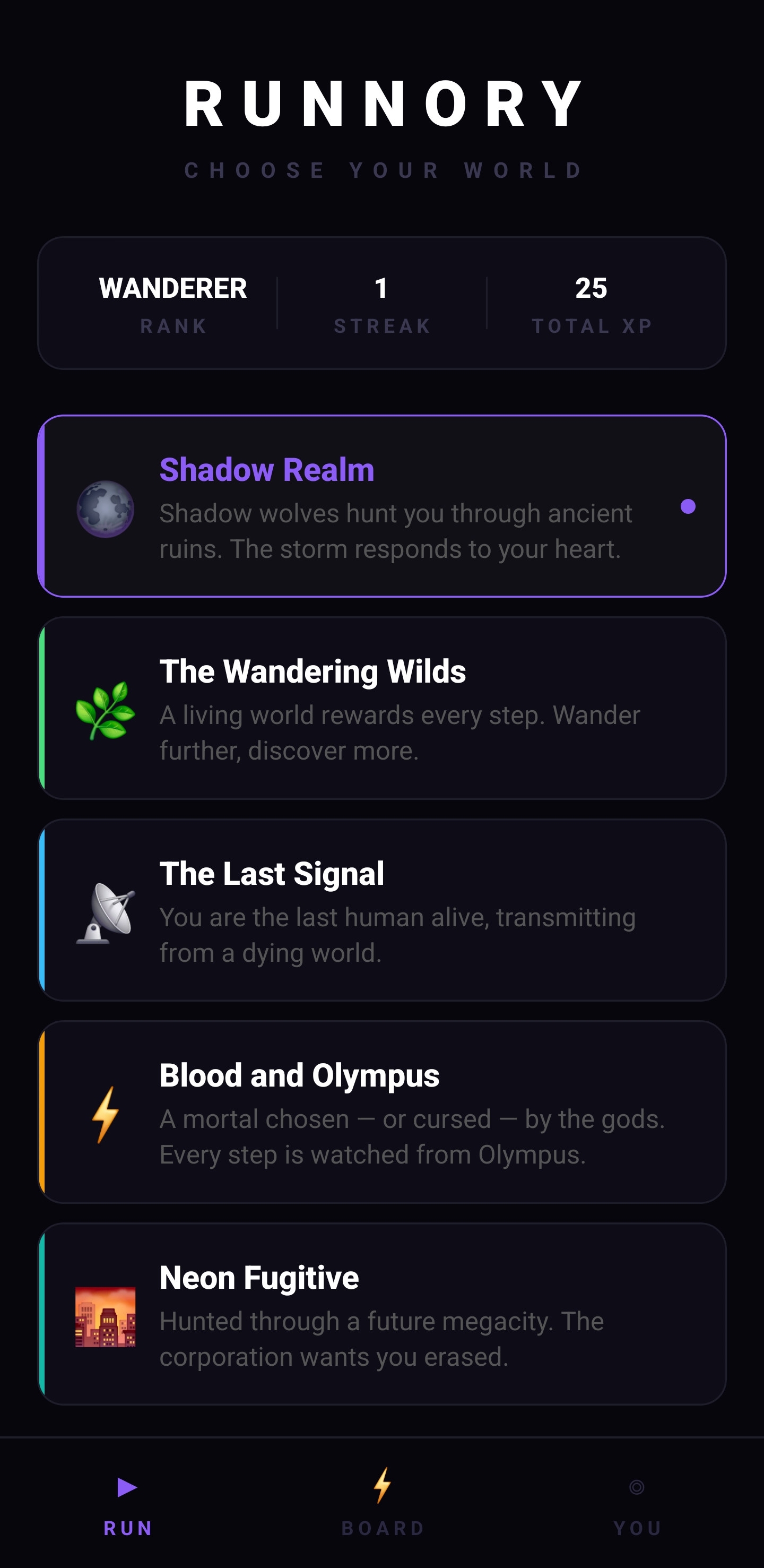 Runnory app — world selection screen showing Shadow Realm, The Wandering Wilds, The Last Signal, Blood and Olympus, and Neon Fugitive narrative worlds